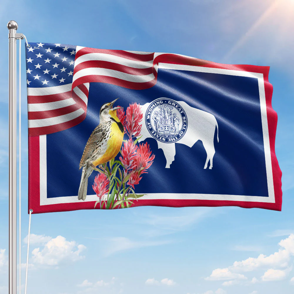 Wyoming Meadowlark Bird and Indian Paintbrush Flower Grommet Flag