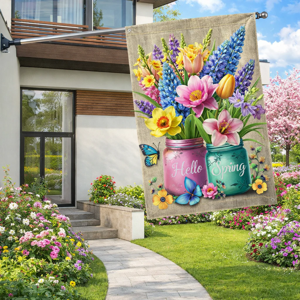 Decorative Hello Spring Floral Flag for Outdoor Home Decor
