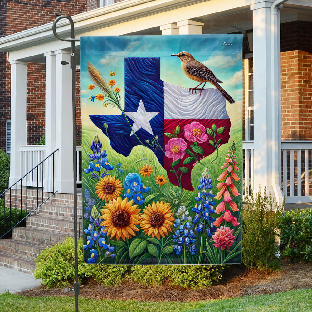 Texas with Northern Mockingbird and Bluebonnet Flag