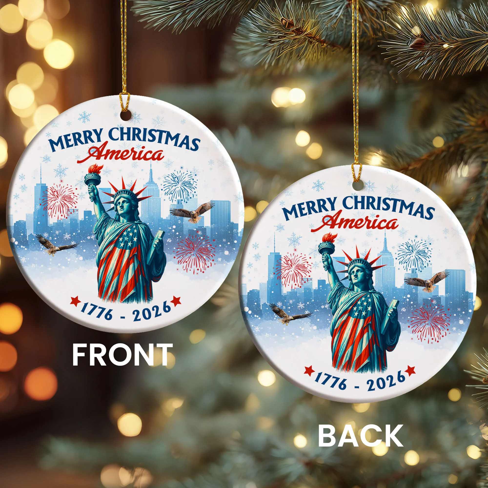 Merry Christmas America Ceramic Ornament | 250th Patriotic Liberty Decor