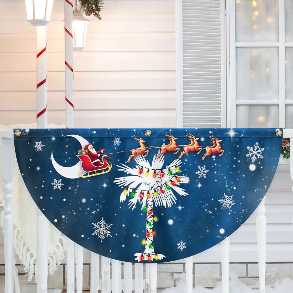 South Carolina Christmas Fan Flag - Santa & Palm Tree Non-Pleated Décor  - 3-Day Shipping