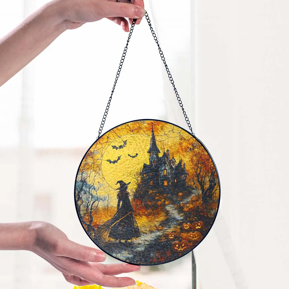 Halloween Stained Glass Suncatcher - Spooky Witch Window Hanging for Home Decor