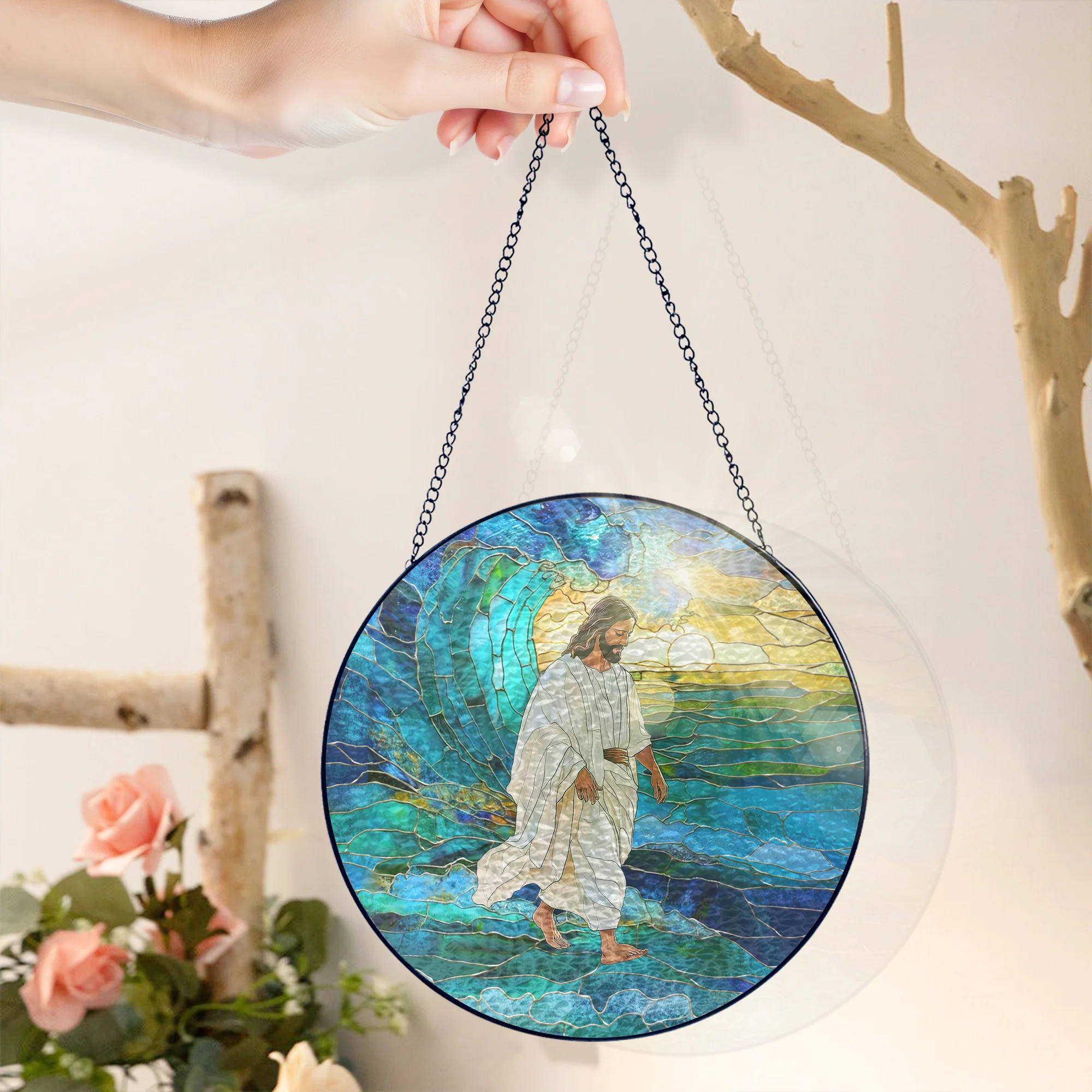 Jesus Christ Stained Glass Suncatcher – Inspirational Handcrafted Religious Window Decor for Evergreen Spiritual Home and Gift 3-Day Shipping