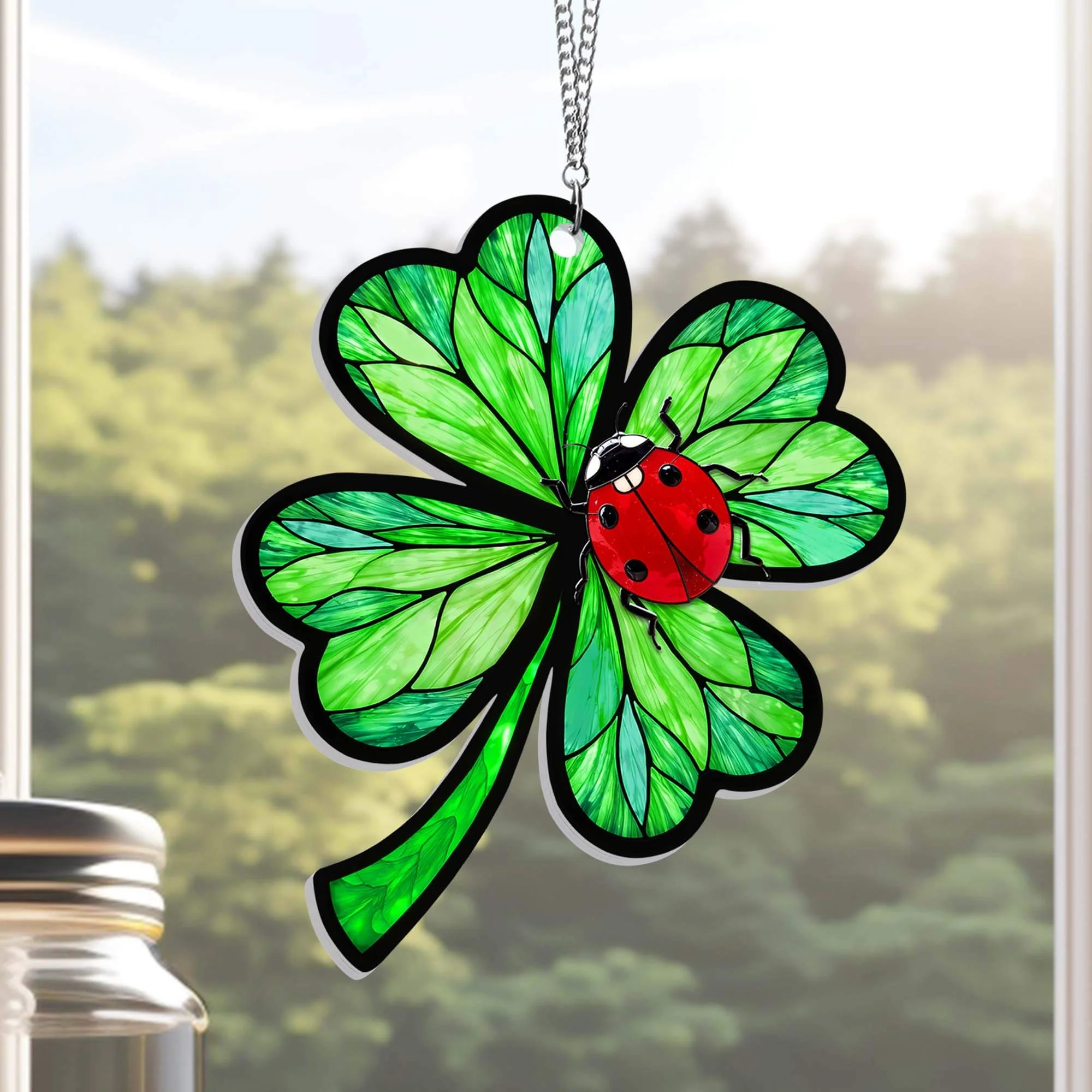 Four Leaf Clover and Ladybug Acrylic Suncatcher Hanging Sign