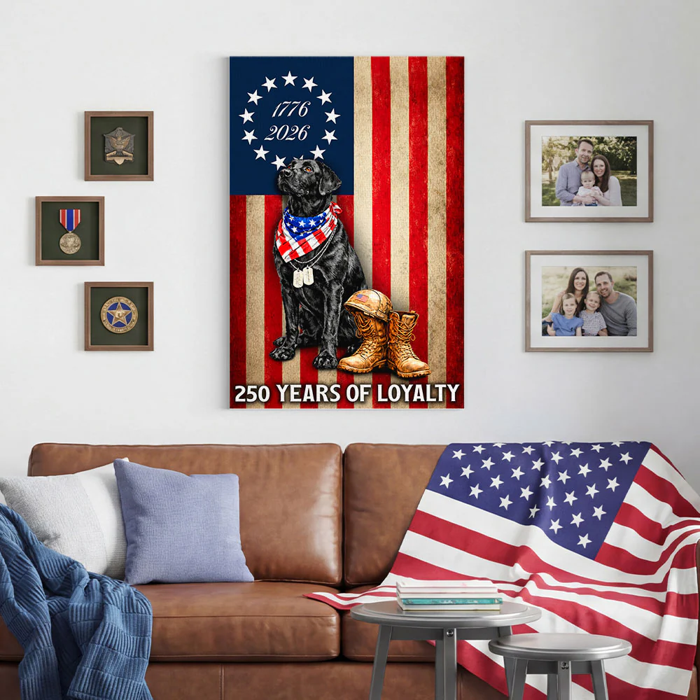 250 Years American Flag with Painting Patriotic Labrador Veteran Canvas Wall Art