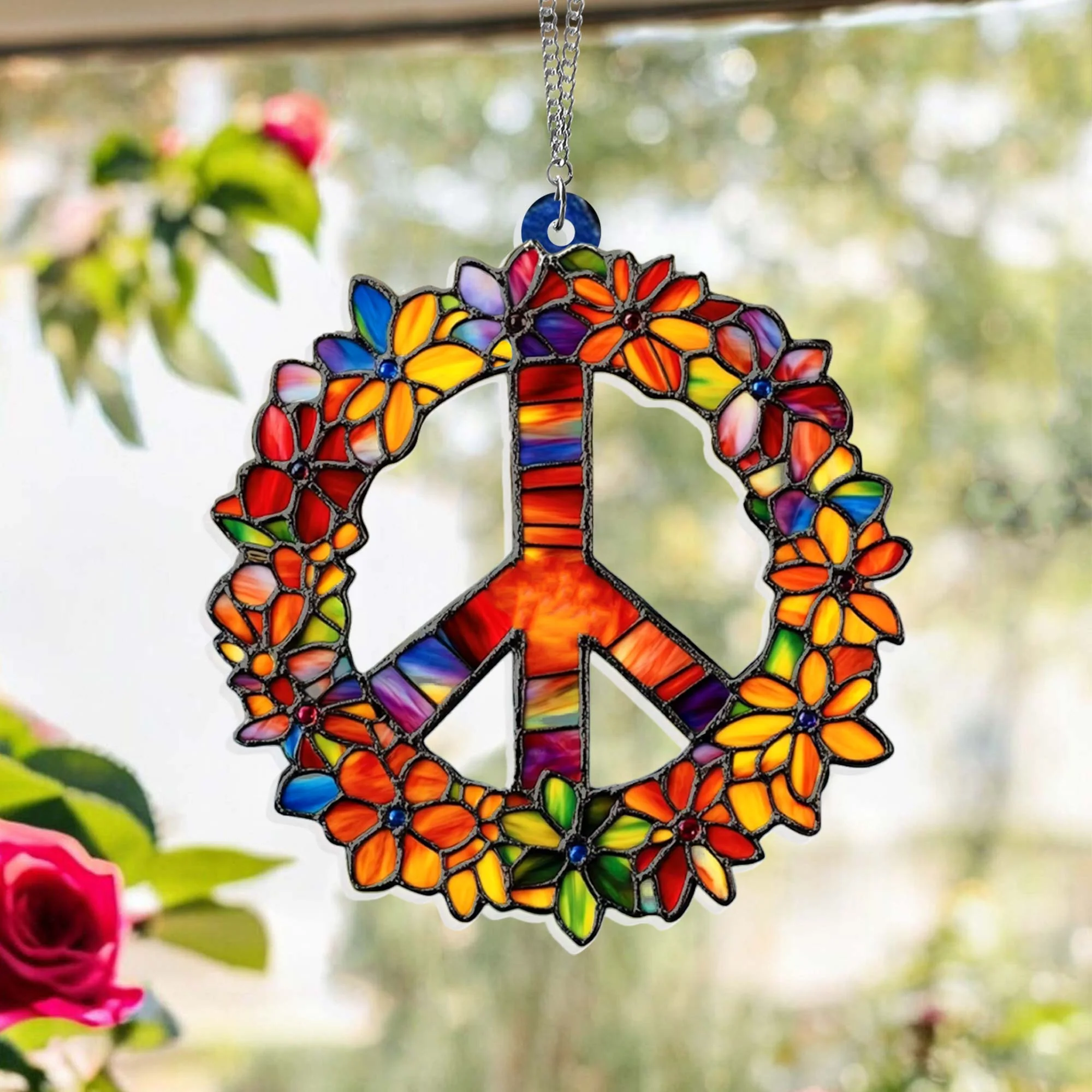 Woodstock Hippie Acrylic Suncatcher, Peace Love Flower Window Decor