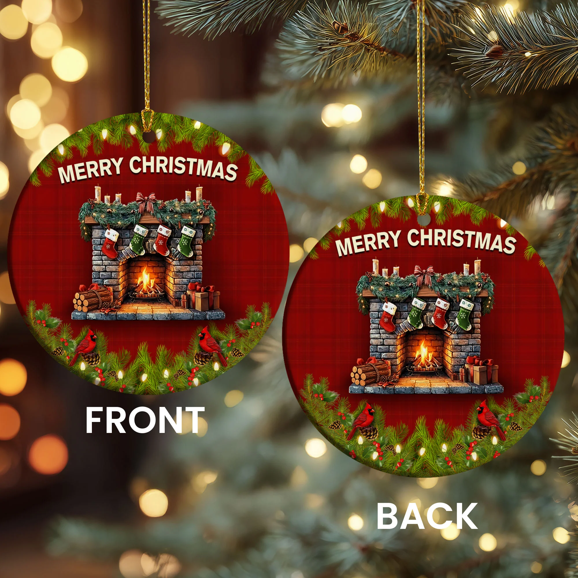 Christmas Fireplace Ceramic Ornament | Cardinal Winter Holiday Decor