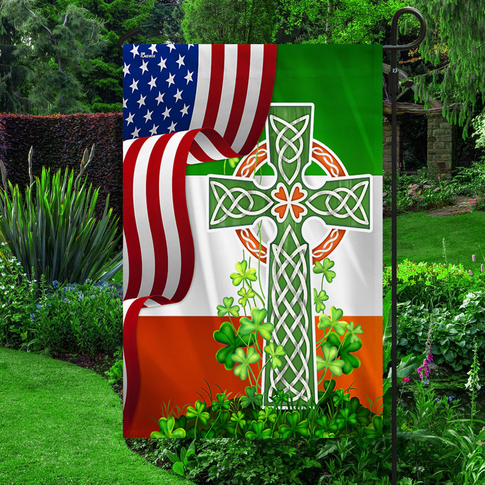 Irish Celtic Knot Cross with Shamrock, Happy St. Patrick’s Day Irish American Flag