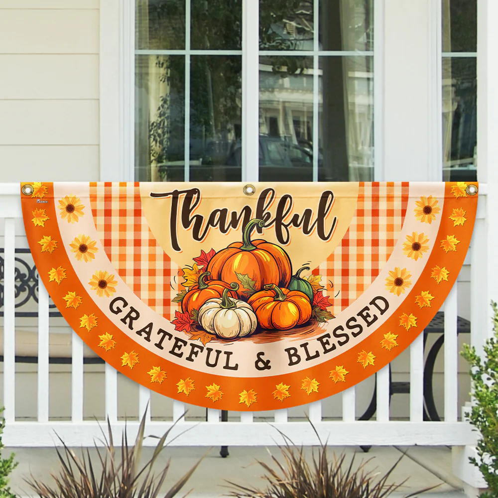 Fall Thanksgiving Pumpkins Harvest Thankful Grateful & Blessed Non-Pleated Fan Flag