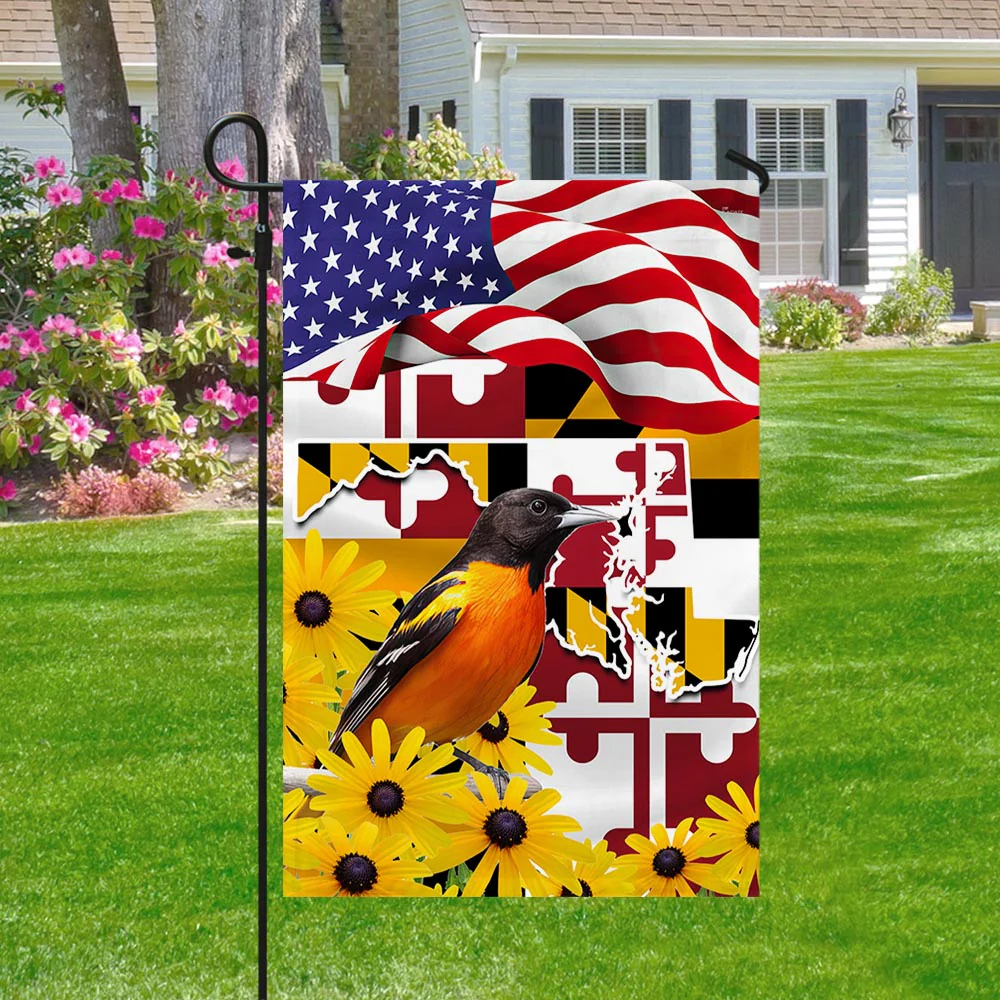 Maryland Flag Black-eyed Susan Flower and Baltimore Oriole Bird Flag TPT775Fv6