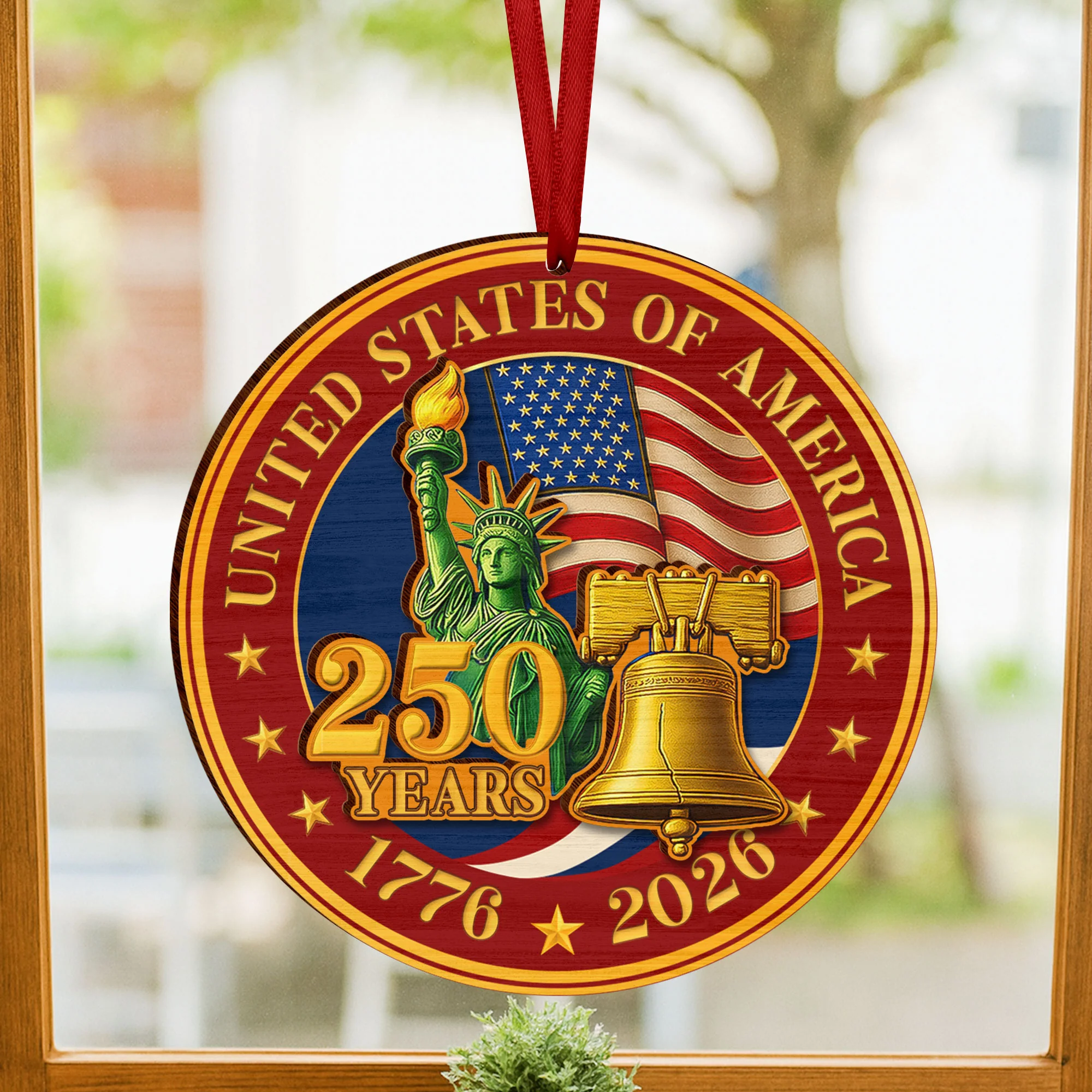 America 250 Years Wooden Ornament, 1776-2026 Liberty Bell Patriotic Decor