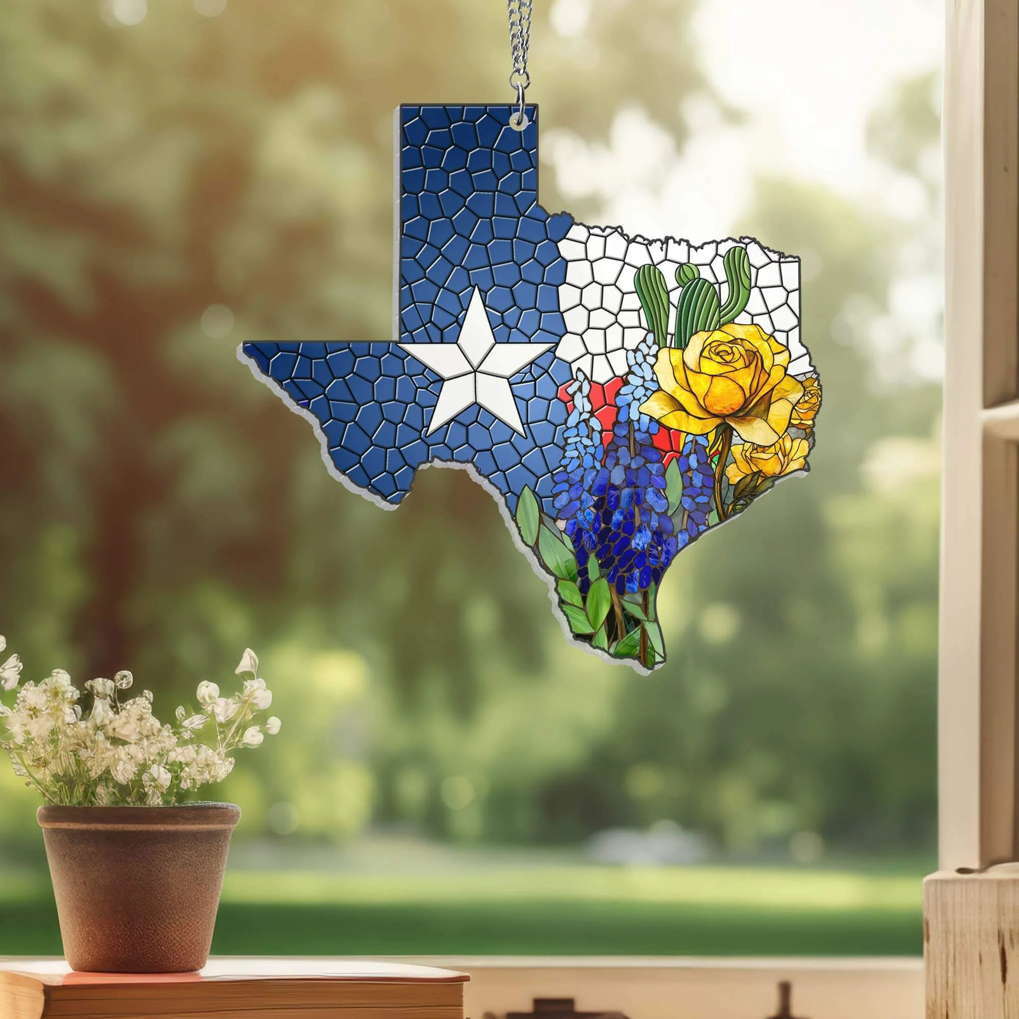 Texas Bluebonnet and Yellow Rose of Texas Suncatcher Acrylic Hanging