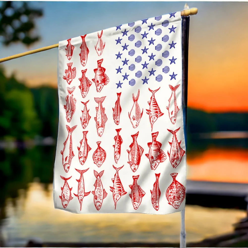 Fish & Sea Shells American Flag – Nautical Independence Day Decor 3-Day Shipping