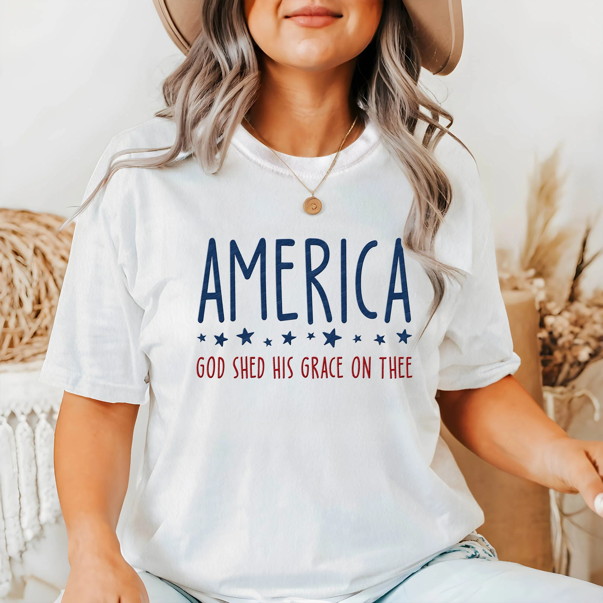 America God Shed His Grace On Thee Embroidered T-Shirt