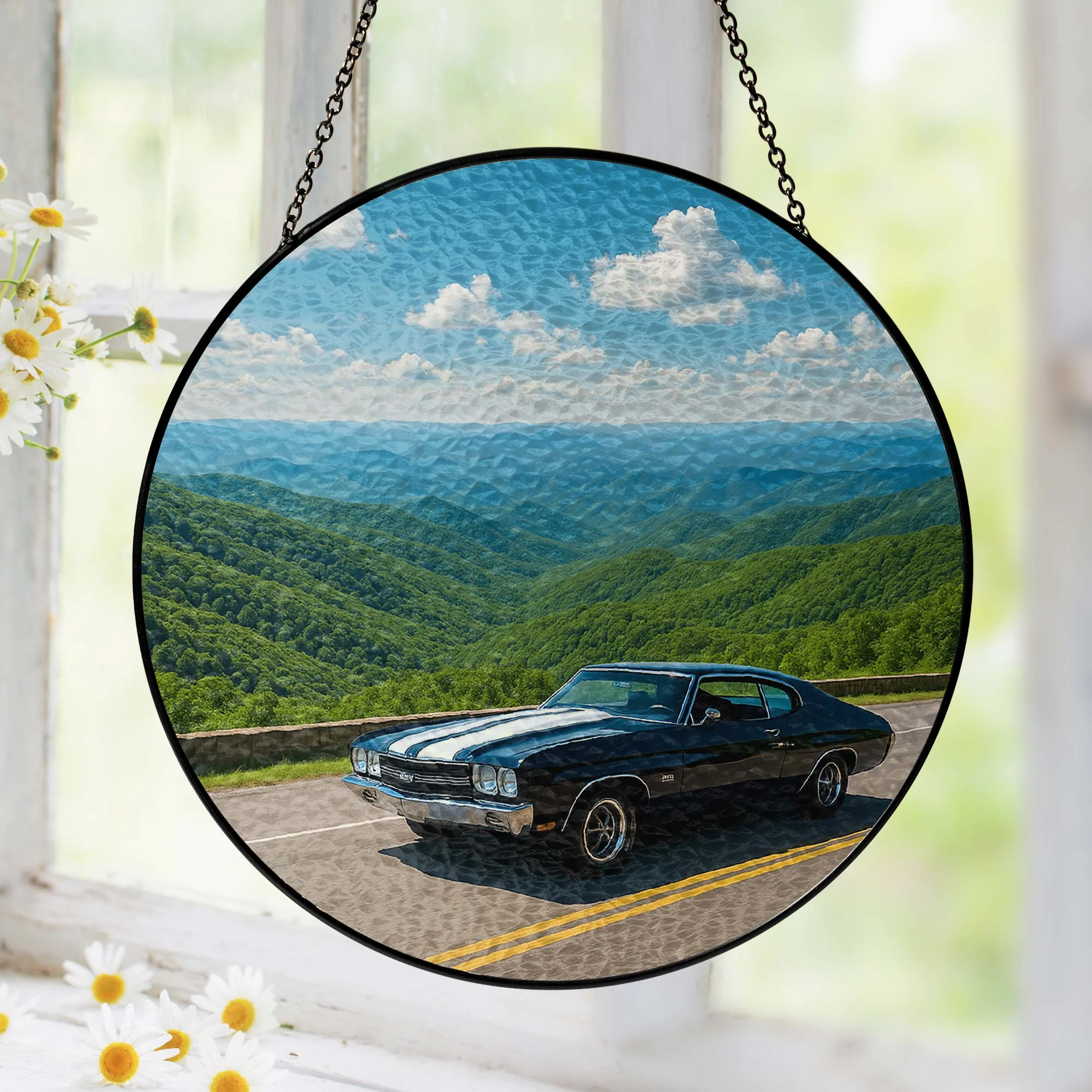 Vintage Car Stained Glass Suncatcher - Mountain Scene Window Hanging for Home Decor
