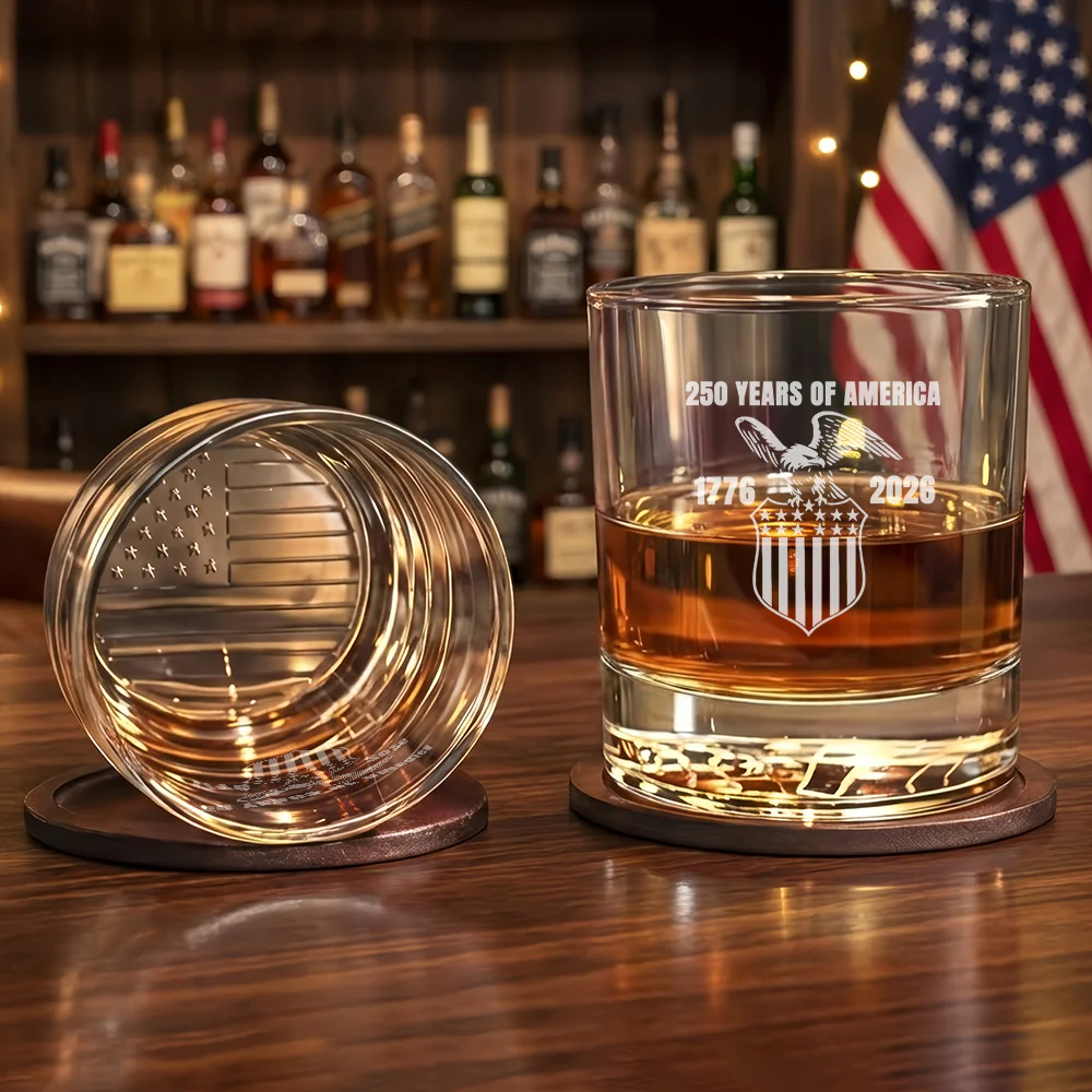 250 Years of Freedom Eagle Shield Engraved Whiskey Glass Patriotic Gift