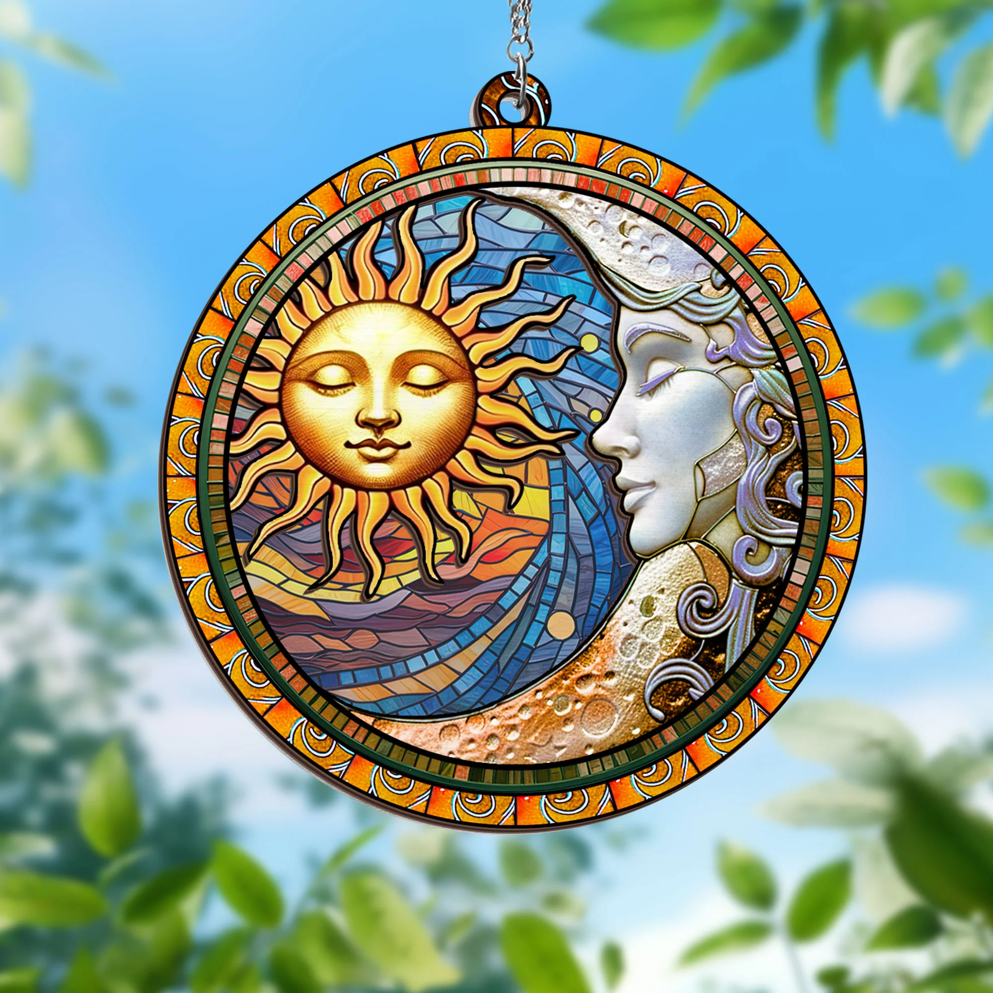 Sun and Moon Face Hippie Decor 2 Layered Hanging Suncatcher