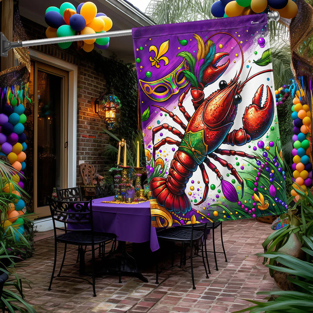 Mardi Gras Crawfish Flag, Fat Tuesday Carnival Home Decor