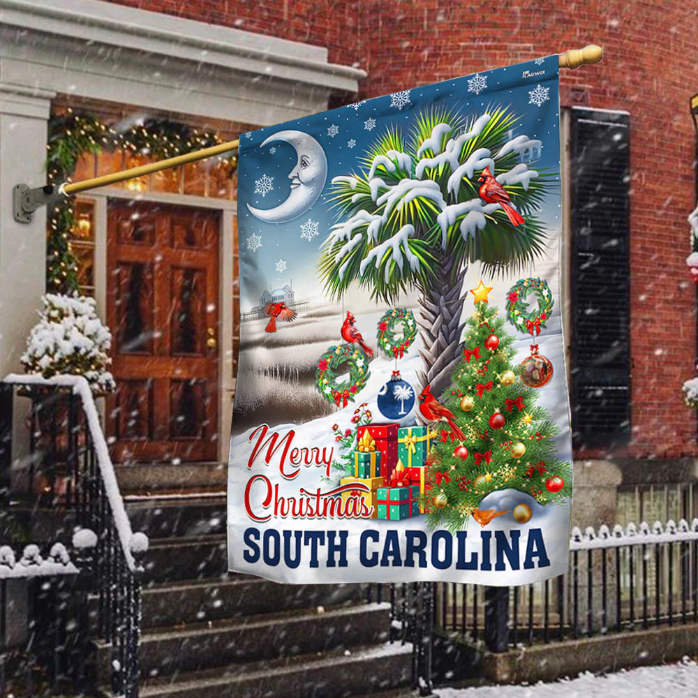South Carolina Merry Christmas Palm Tree Cardinal Winter Christmas in South Carolina Flag