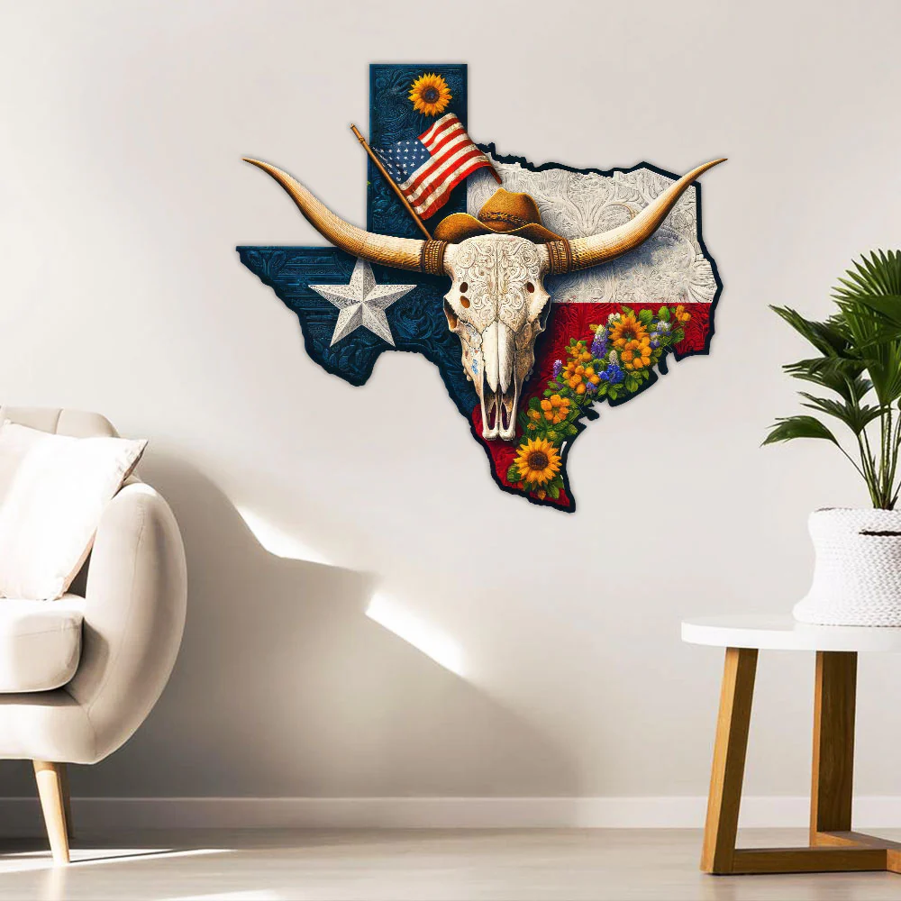 Texas Map Longhorn Hanging Metal Sign