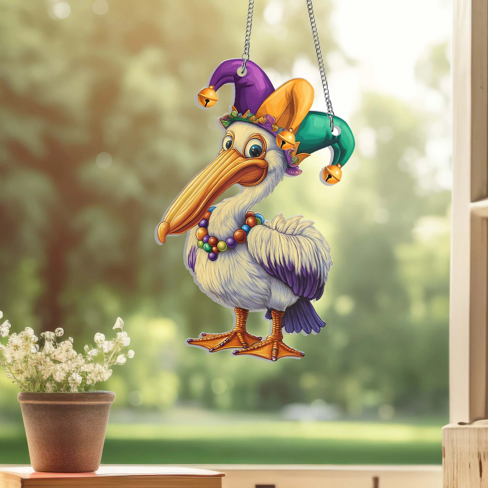 Pelican Mardi Gras Suncatcher Acrylic Hanging Sign