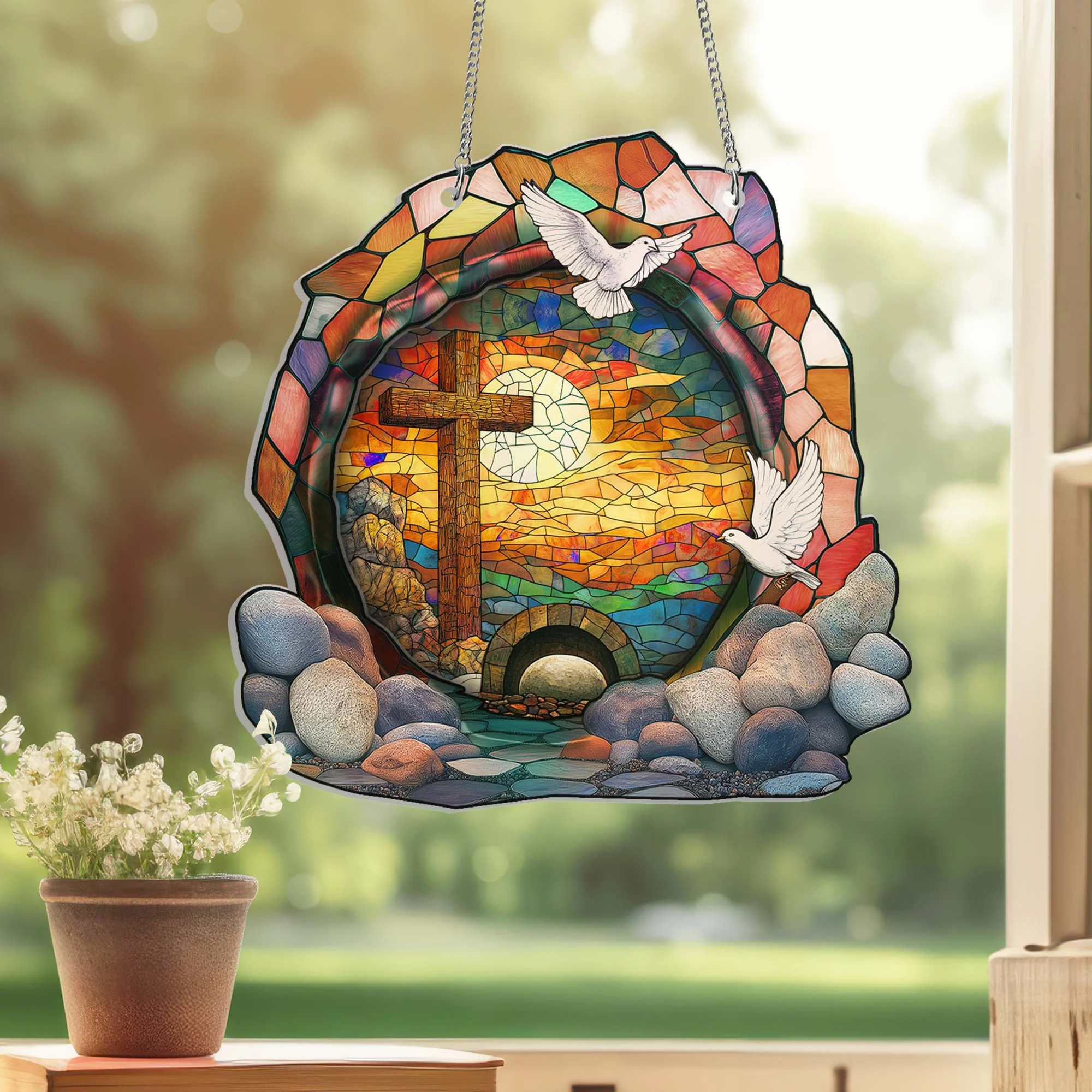 Empty Tomb Resurrection Cross Easter Day Suncatcher Acrylic Hanging Sign