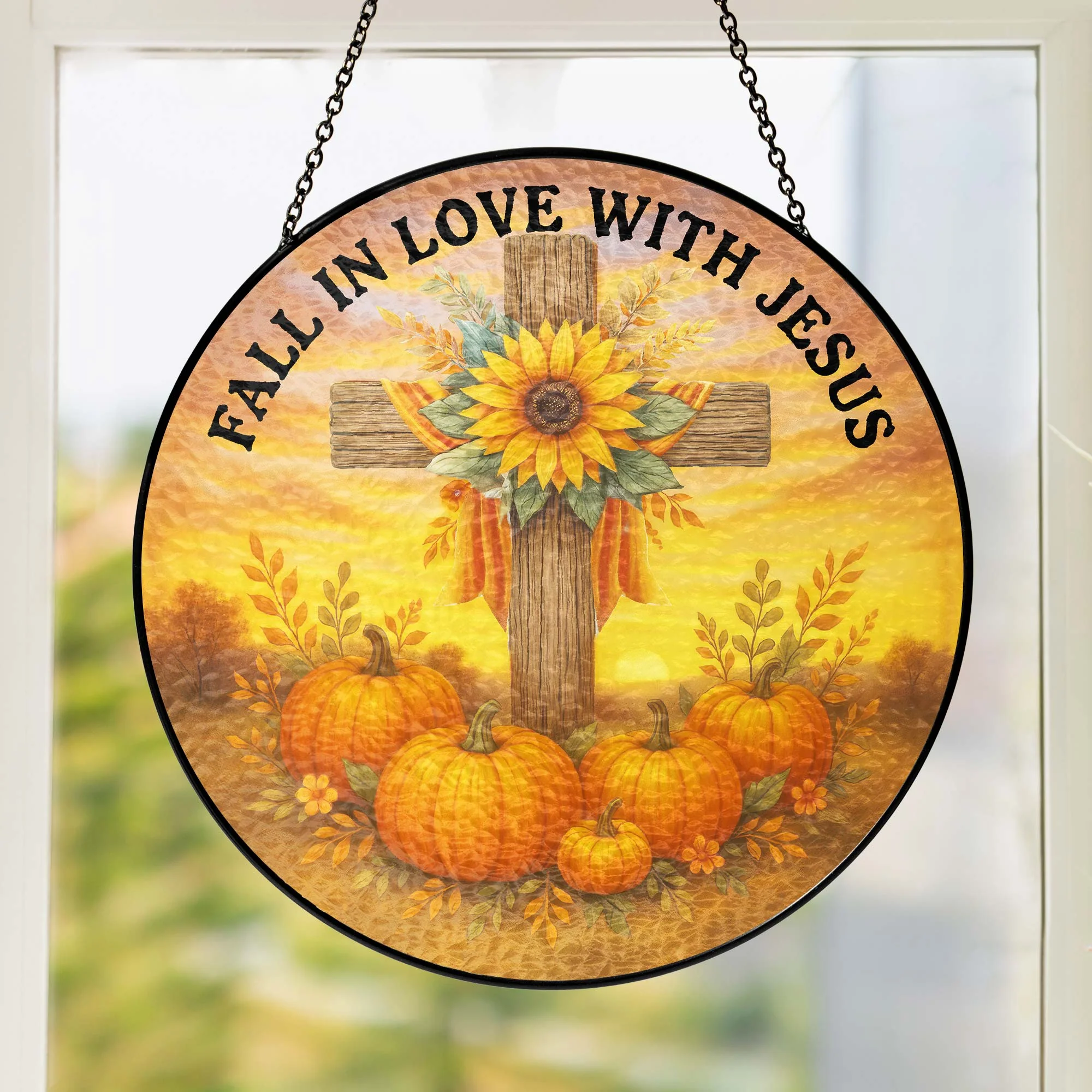 Fall In Love With Jesus Cross Pumpkin Autumn Stained Glass Suncatcher