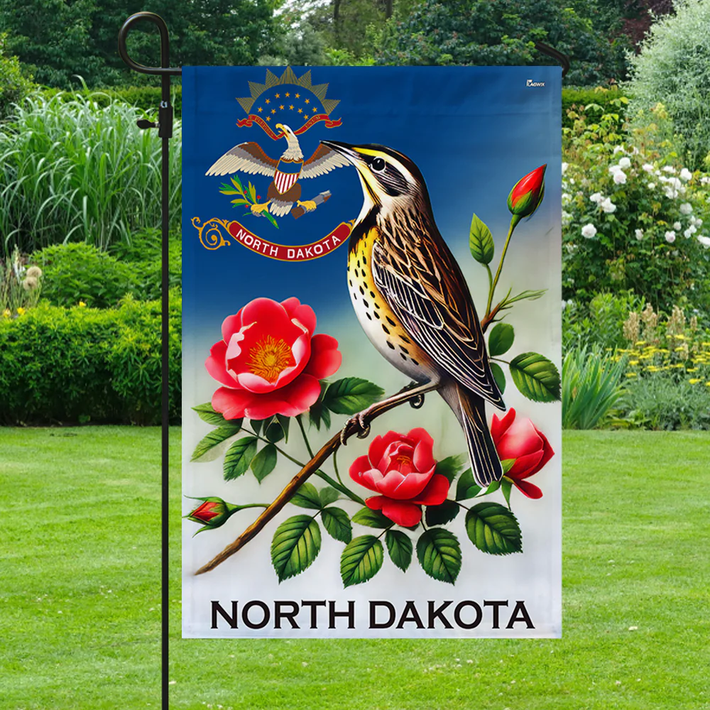 North Dakota Meadowlark Bird and Prairie Rose Flower Flag