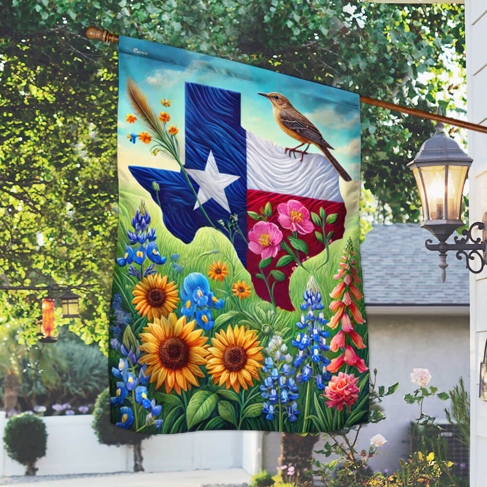 Texas with Northern Mockingbird and Bluebonnet Flag