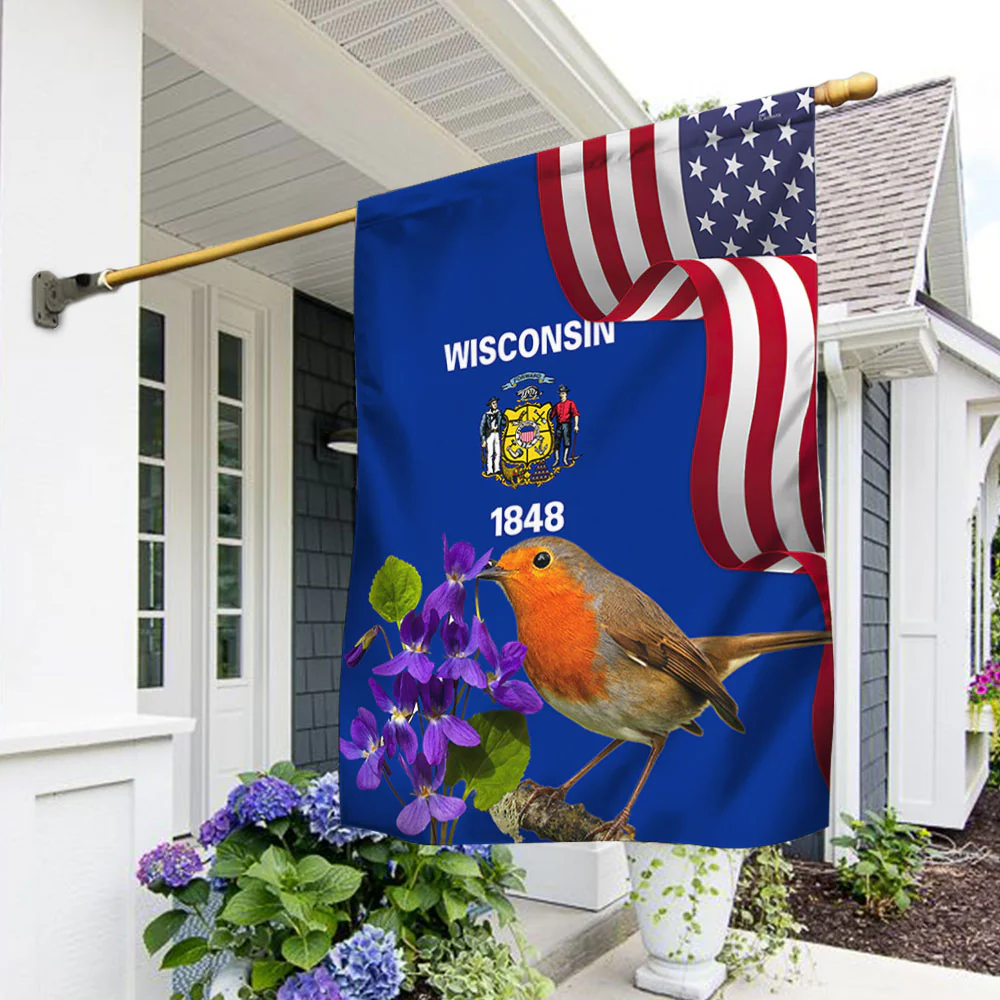 Wisconsin State Flower Wood Violet Flower and Robin Bird Flag MLN1141Fv47