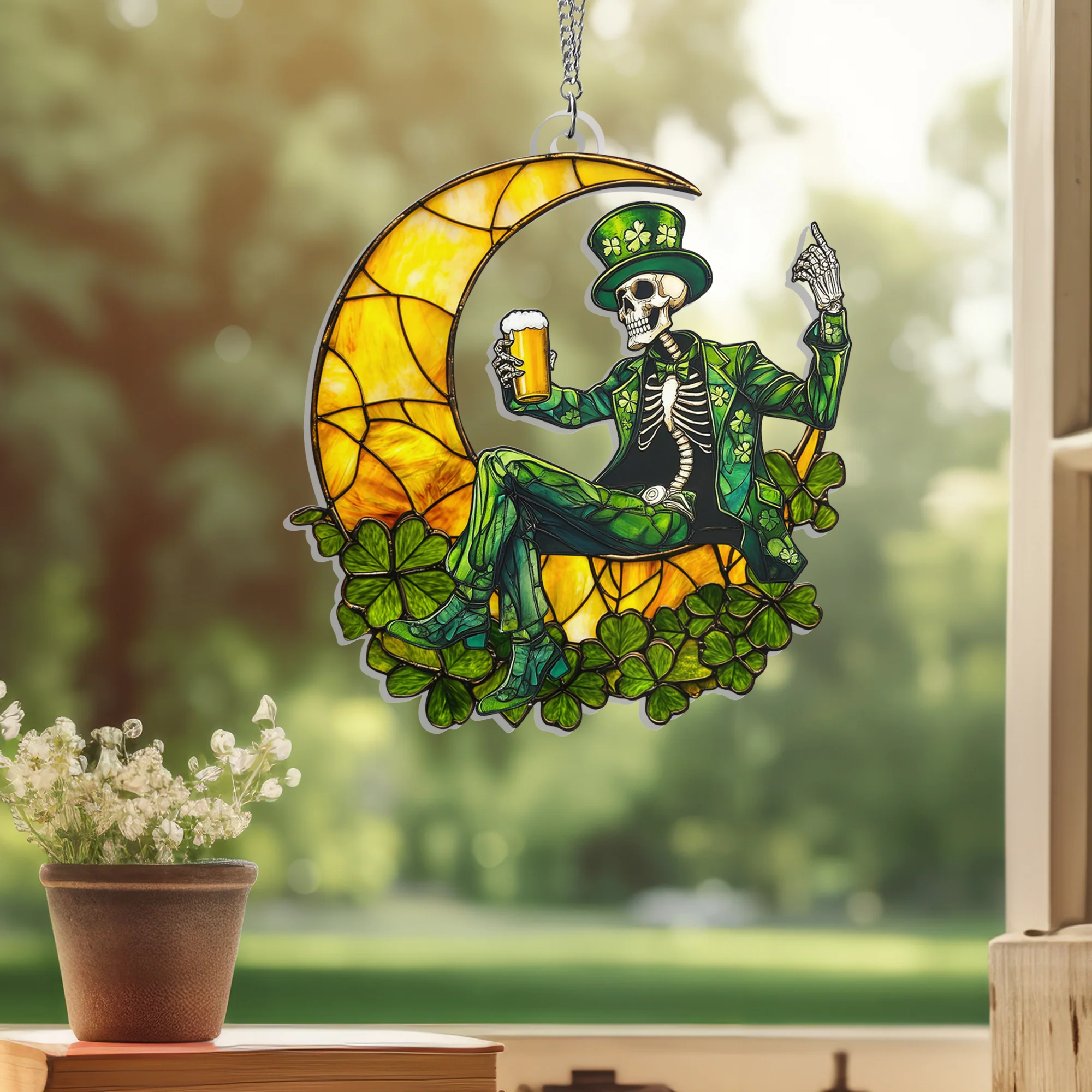 St Patrick's Day Skeleton On Moon Suncatcher Acrylic Hanging Sign