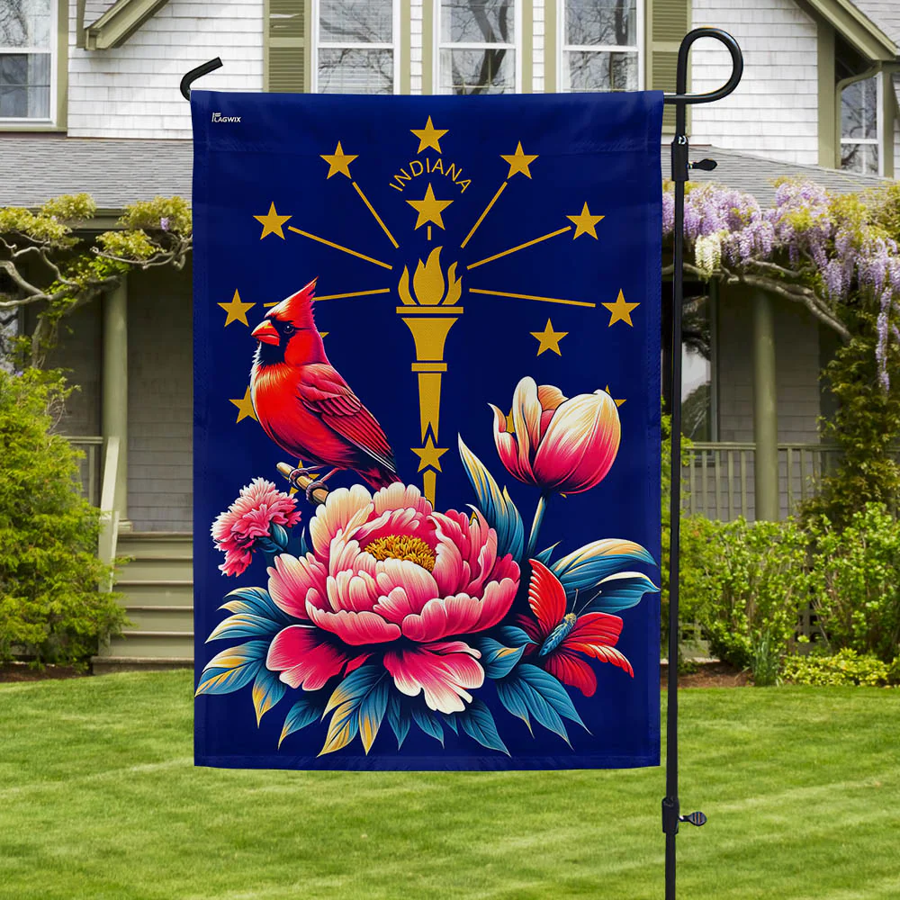 Bimipi Indiana State Cardinal and Peony Flower Flag