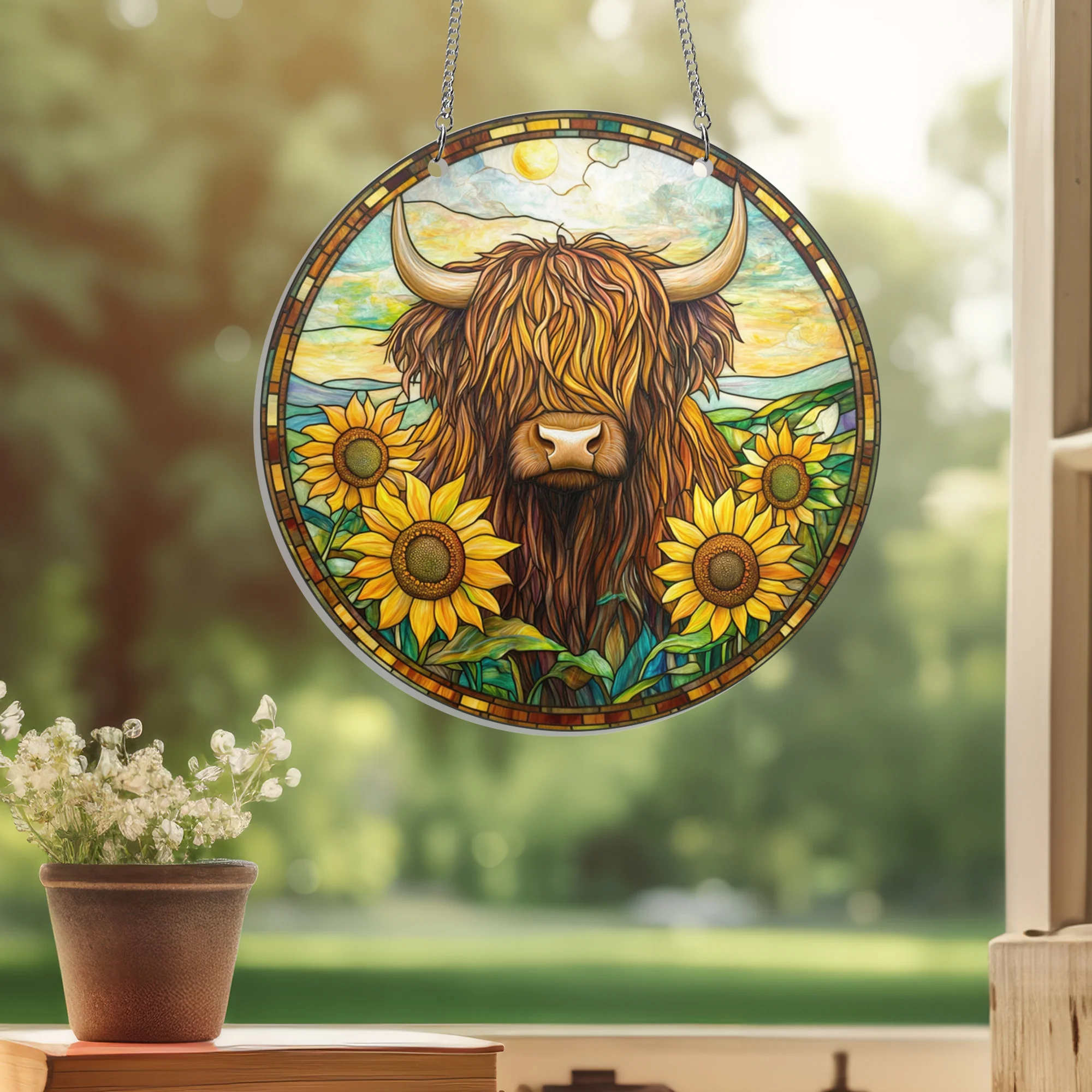 Highland Cow Sunflower Suncatcher Hanging Sign, Farm decor