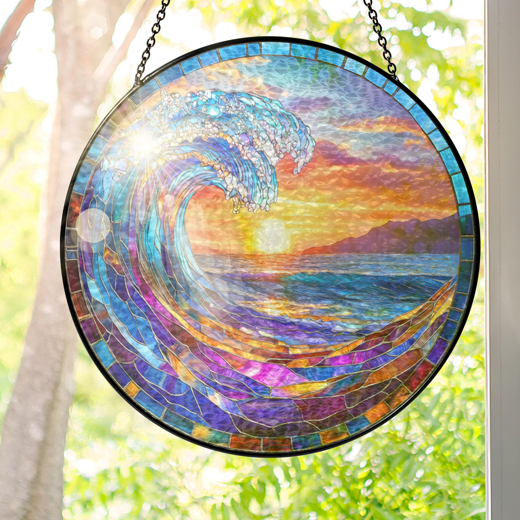 Ocean Wave Stained Glass Suncatcher - Beach Sunset Window Hanging for Coastal Home Decor 3-Day Shipping