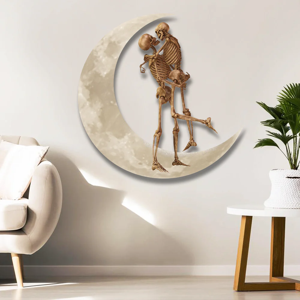 Skeleton Couple  Kiss Halloween On The Moon Hanging Metal Sign Wall Sign QNK1005MSv19b