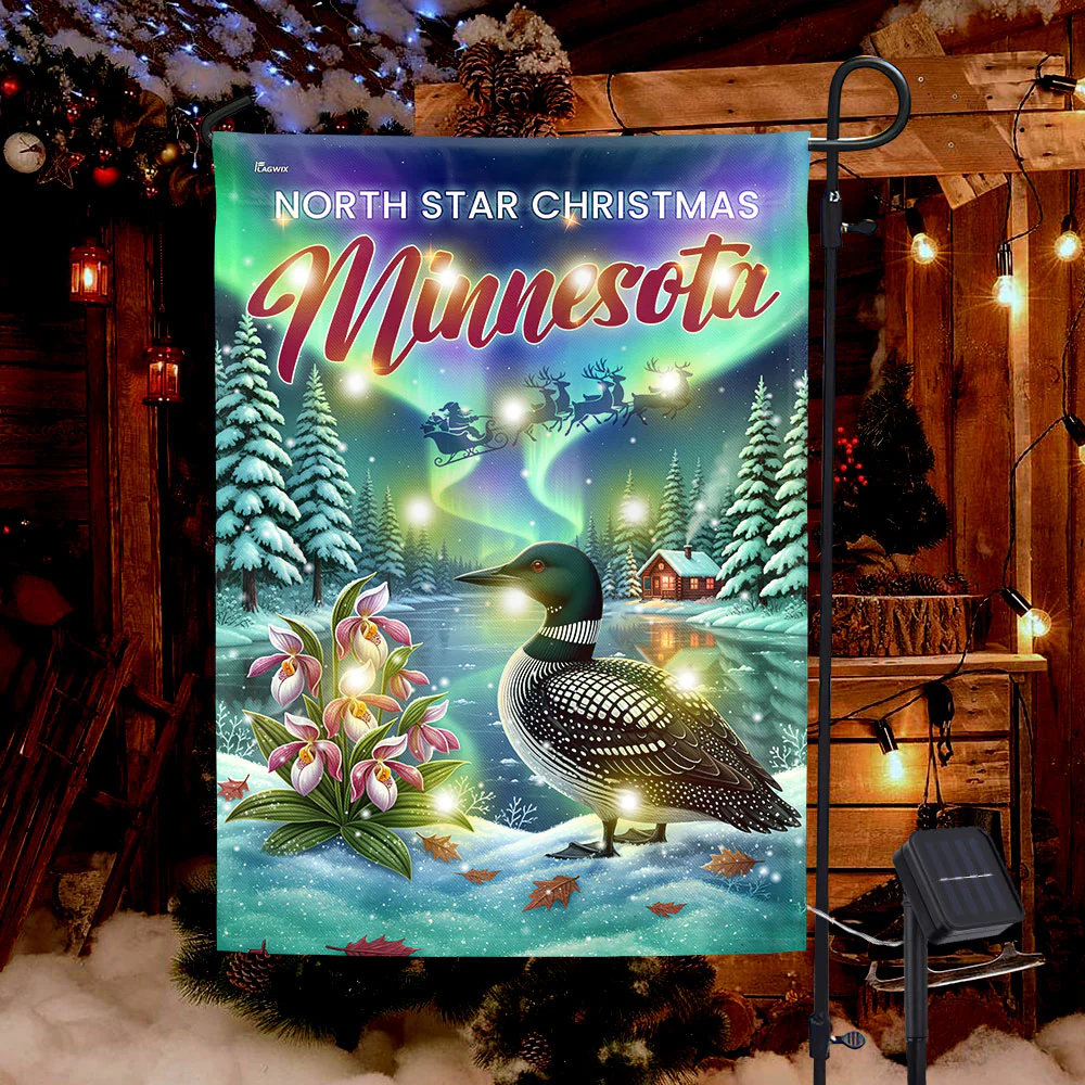 North Star Minnesota Christmas Flag | Loon Lady's Slipper Solar LED Flag