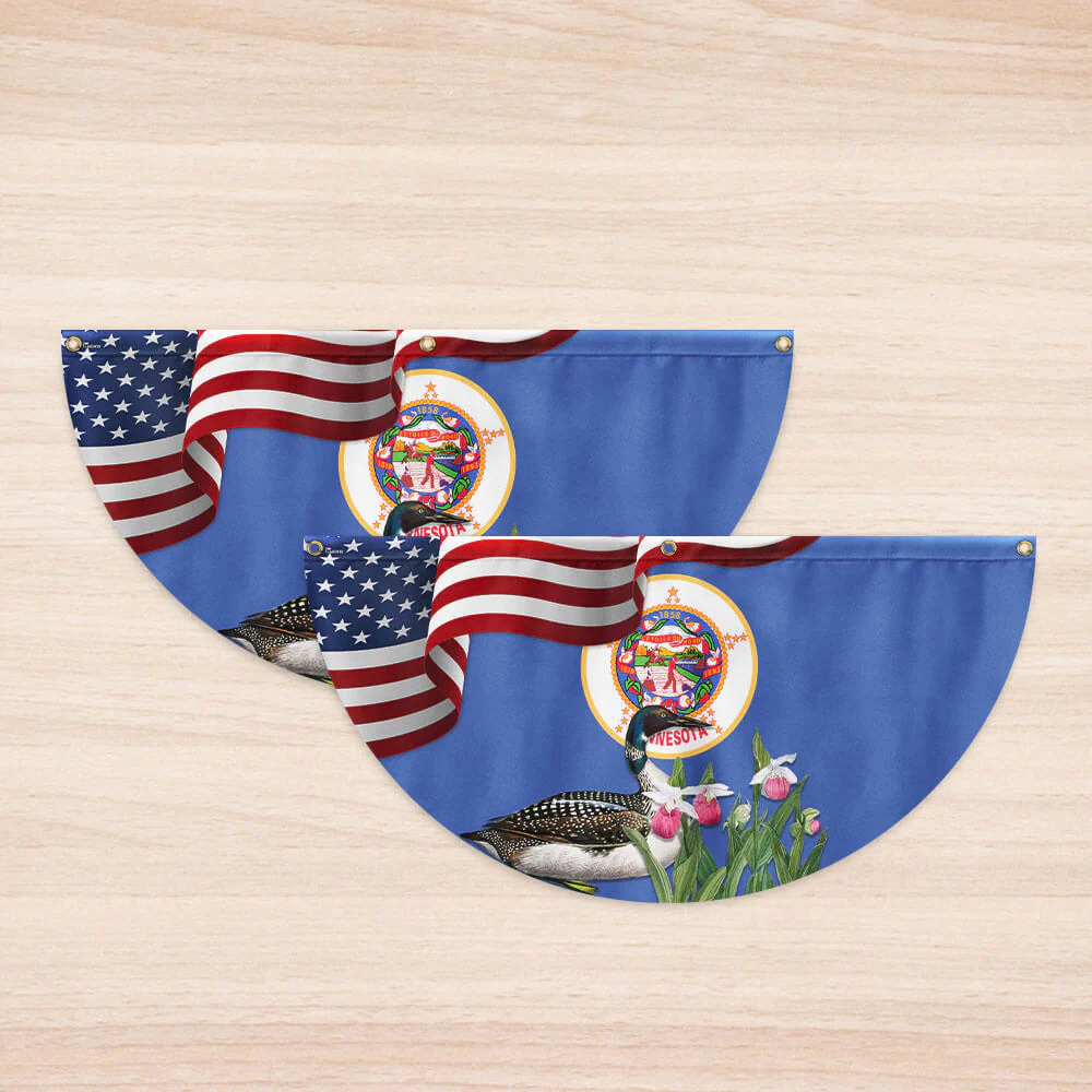 Minnesota State Lady's Slipper Flower and Loon Non-Pleated Fan Flag