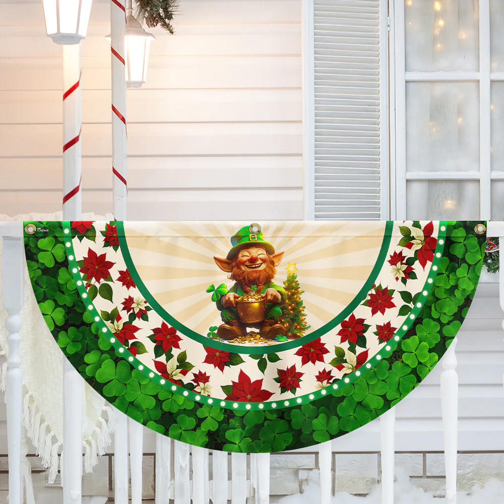 Irish Christmas Fan Flag - Leprechaun, Shamrock & Poinsettia Décor  - 3-Day Shipping