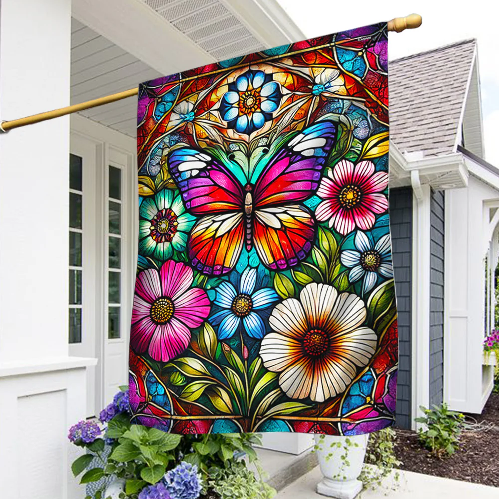 Spring Stained Glass Butterfly with Floral Design for Outdoor Home Decor