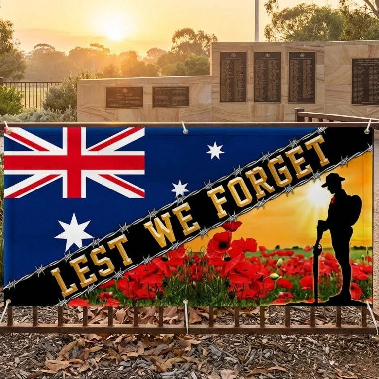 Anzac Day Australia Red Poppy Remembrance Day. Lest We Forget Veteran Fence Banner