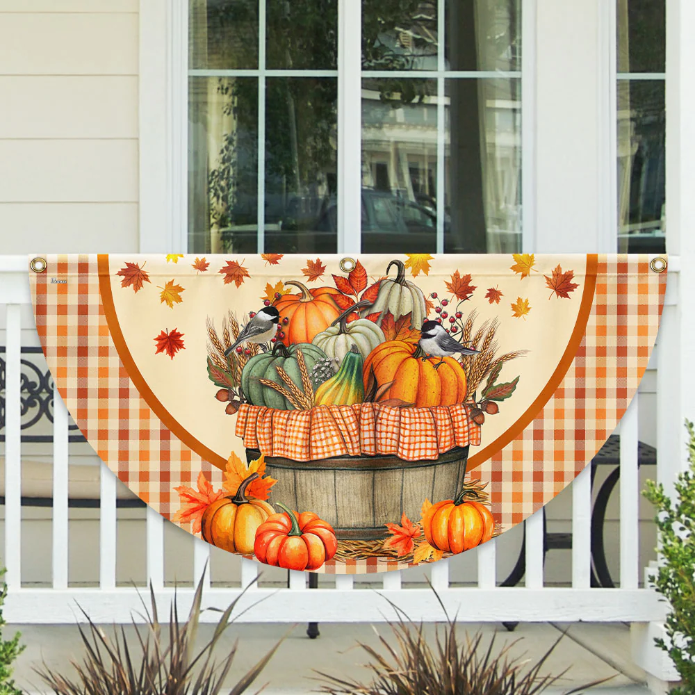 Fall Flag Autumn Chickadees Bird Pumpkins Fall Non-Pleated Fan Flag