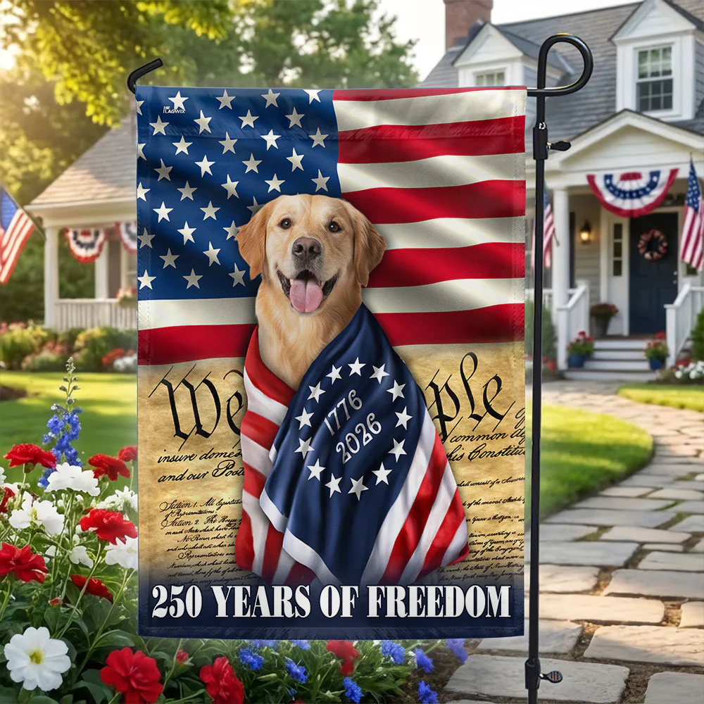 250 Years of Freedom Flag, Golden Retriever Wrapped in Glory US Flag