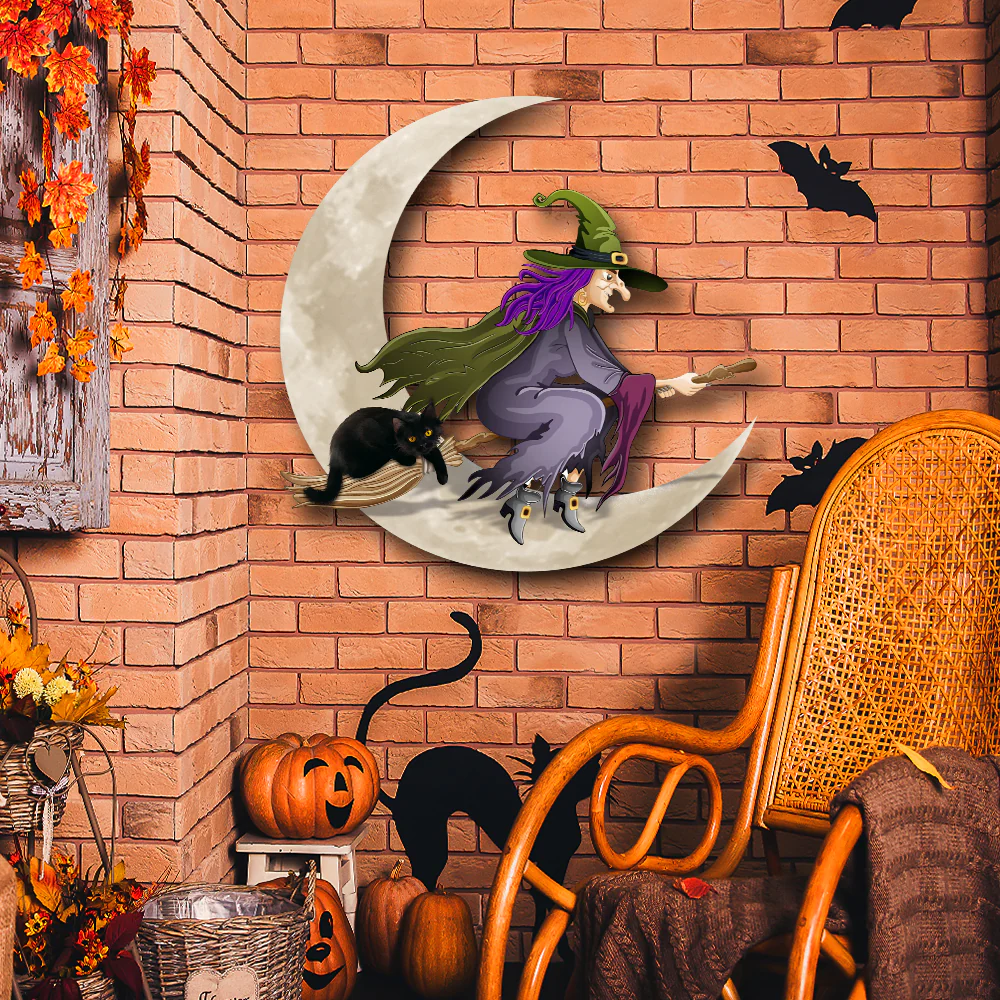 Halloween Witch On The Moon Hanging Metal Sign QNK1005MSv18