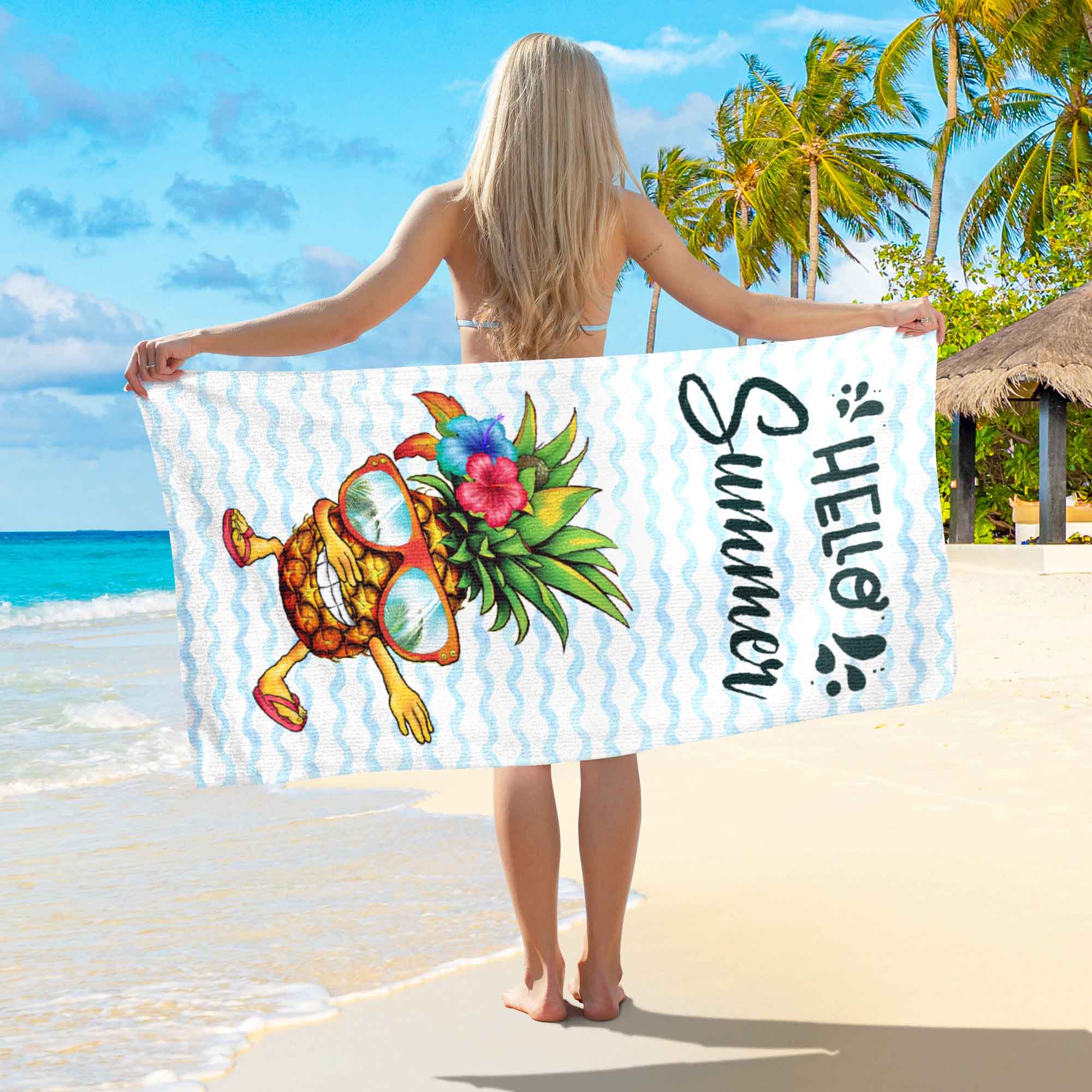 Funny Pineapple Hello Summer Aloha Hawaii Beach Towel