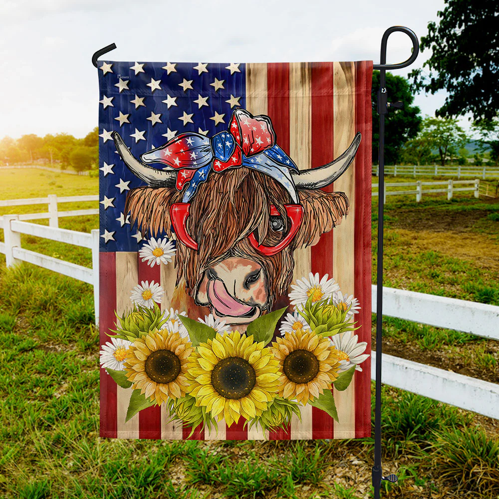 American Flag Cow, Highland Cattle Flag for Patriotic Decor, Farm Flag