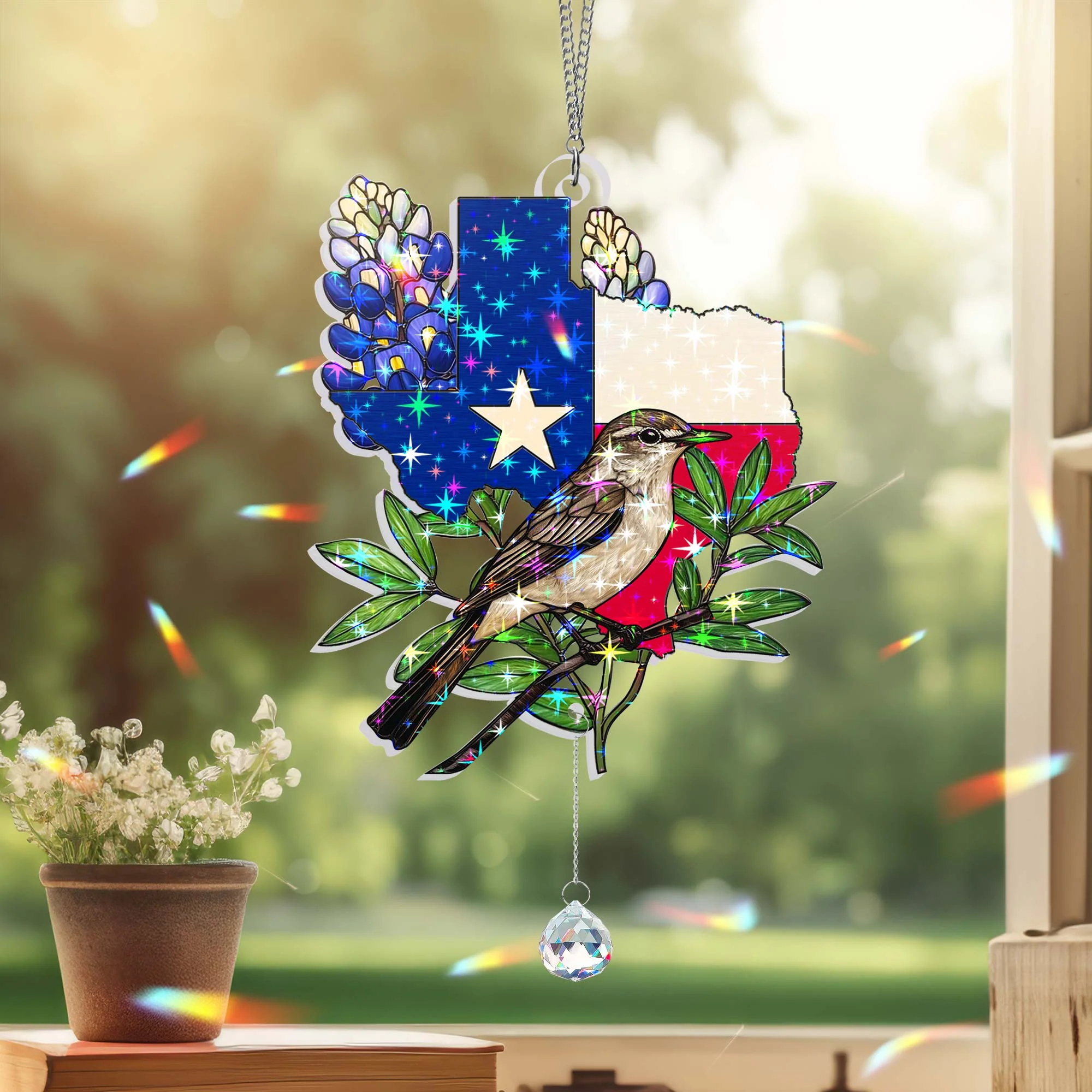 Texas Northern Mockingbird Hologram Window Hanging