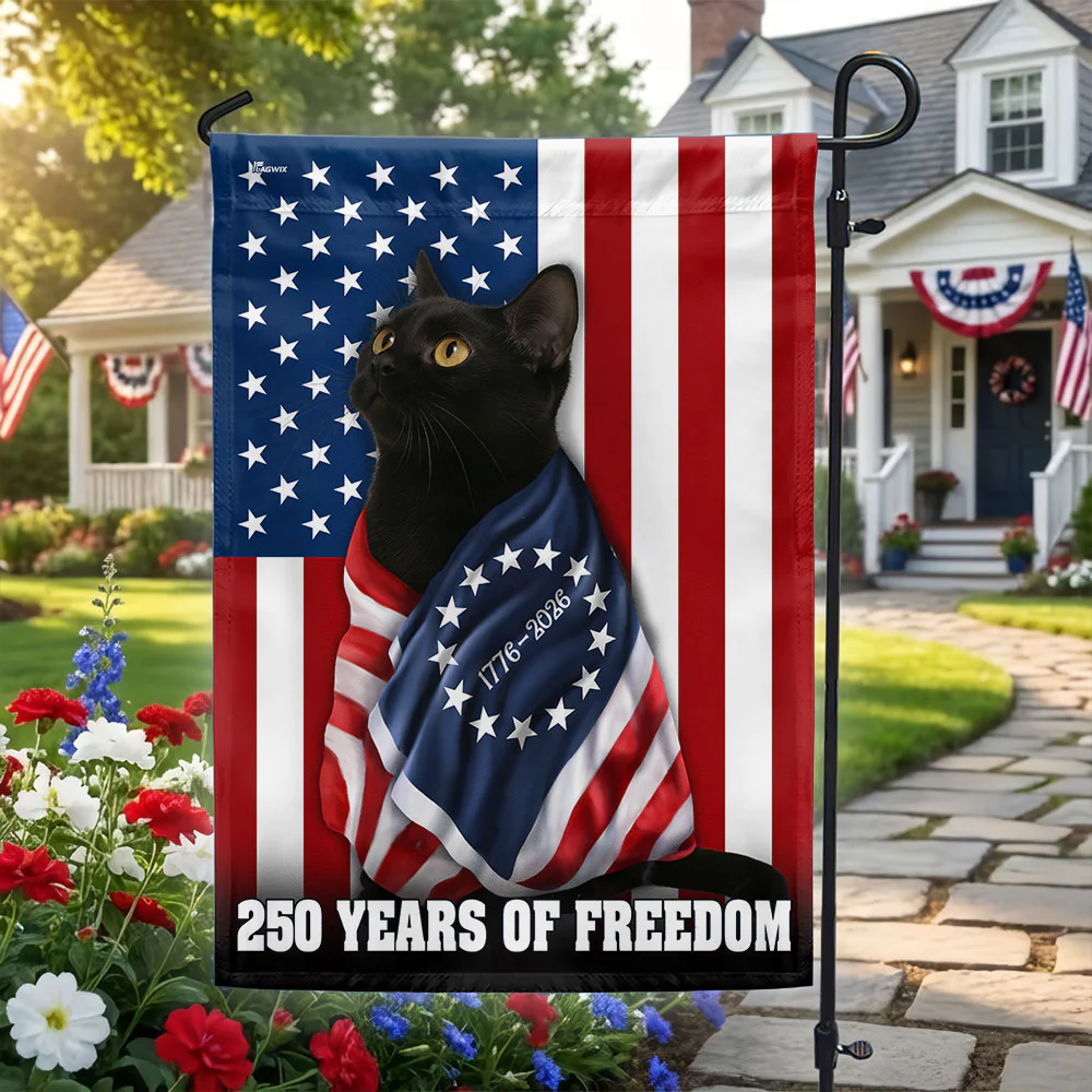 250 Years of Freedom Flag, 1776 2026 Black Cat Wrapped in Glory US Flag