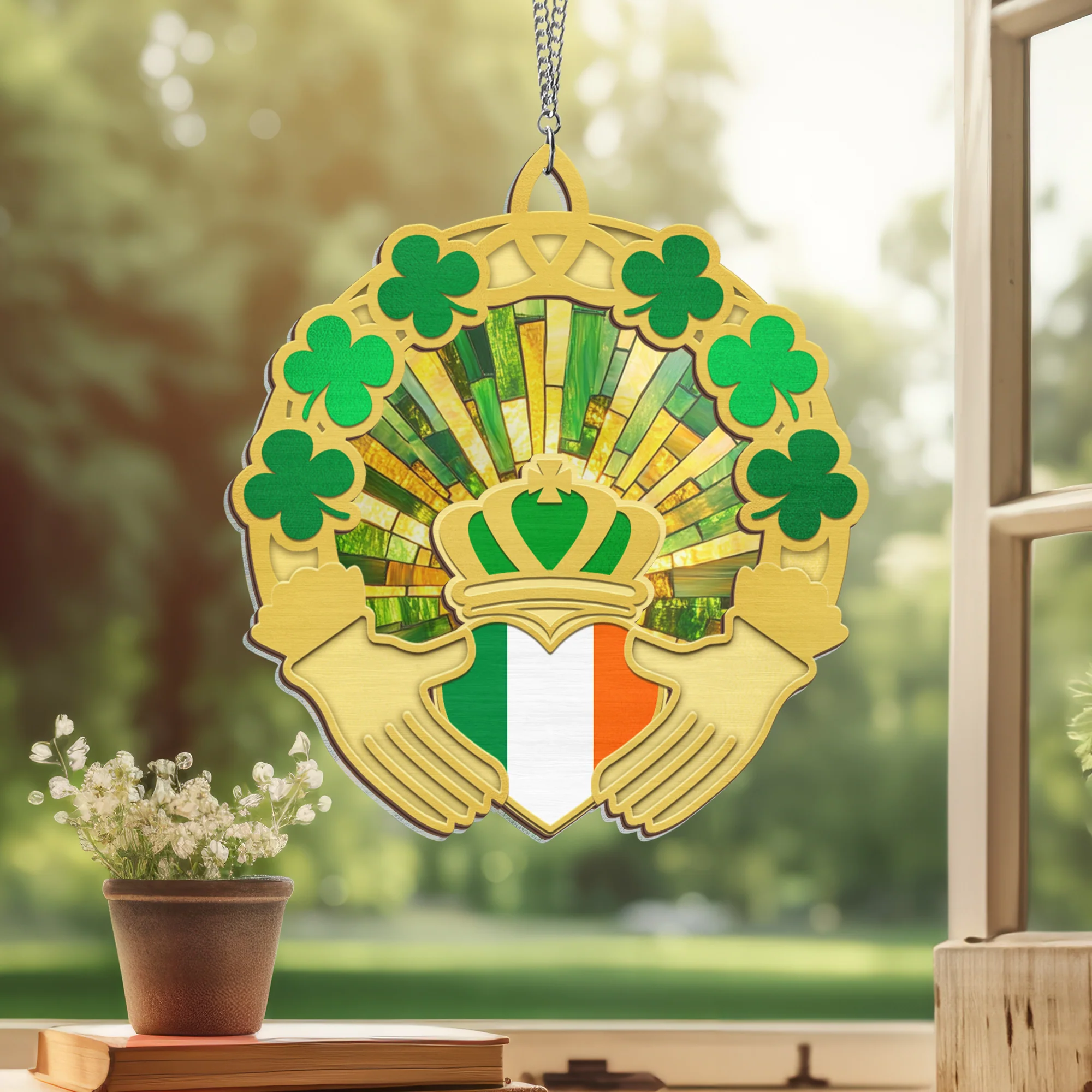 Claddagh Ring Irish Shamrock 2 Layered Hanging Suncatcher