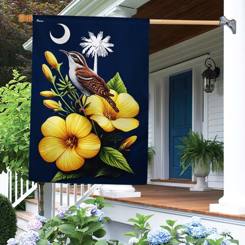 South Carolina Flag Carolina Wren Bird and Yellow Jessamine Flower Flag