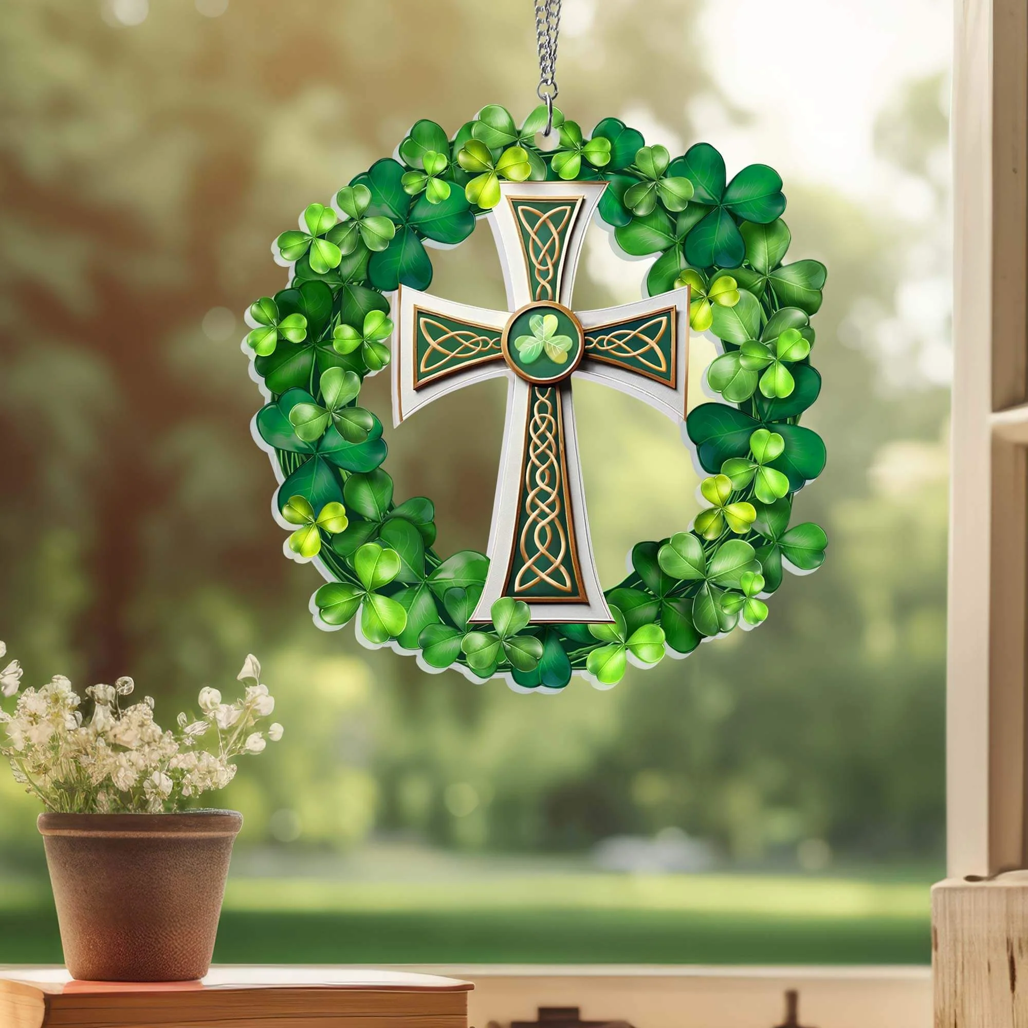 Christian Celtic Cross with Shamrock, Irish St. Patrick’s Day Suncatcher Acrylic Hanging